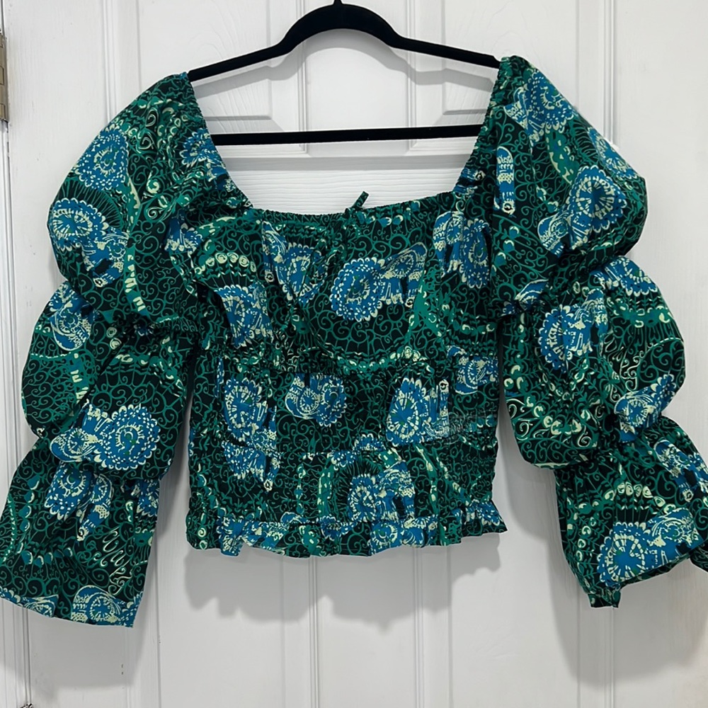 Anthropologie Porridge Green Blue Puff Sleeve Top